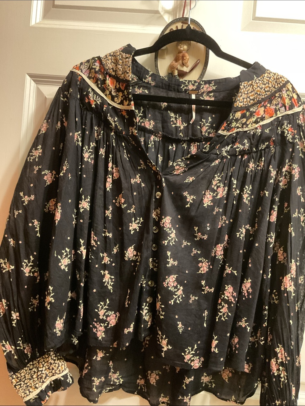 FREE PEOPLE Black Top with Pink Floral Print